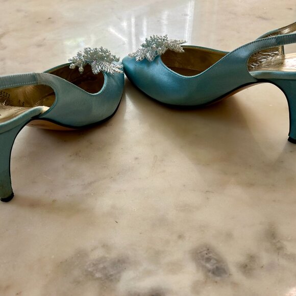 Bruno Magli Light Blue Satin Slingback Heel | Beaded Embellished Pointed Toe 8 B - Picture 5 of 12